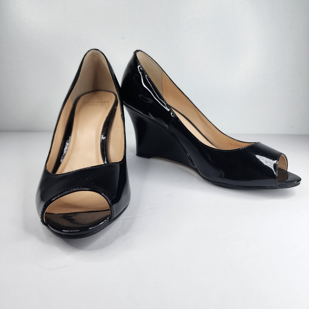 COLE HAAN Black Peeptoe Wedge.